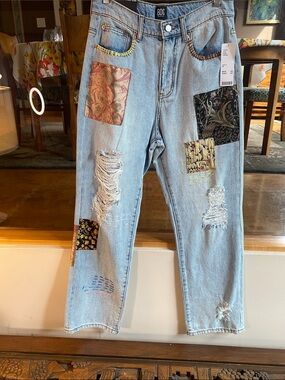 BDG Light Blue Patchwork Boyfriend Jeans with Mixed Prints
